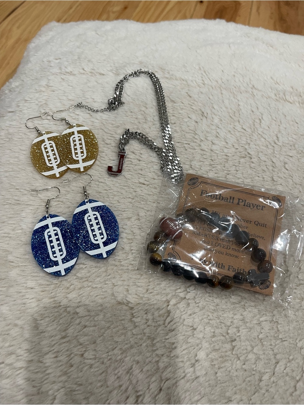 Football accessories! Glitter Football Earrings, bracelet and necklace with J